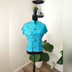 Vintage Japanese blouse size 6, Teal w/ gold thread, authentic, 100% rayon